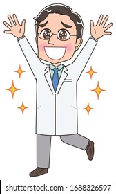 A male doctor in a white coat.He has positive emotions.