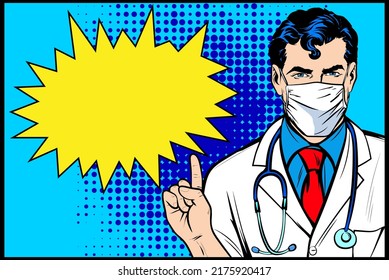 Male Doctor In White Coat Pointing Finger Up To Empty Bubble. Medical Concept. Pop Art Comic Book Style, Retro, Vintage Illustration Vector