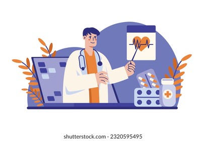 Médico masculino con abrigo blanco apuntando a la gráfica cardíaca y brindando ayuda médica en línea. Medicina online profesional. Servicios de salud modernos a través de videollamadas. Ilustración plana del vector