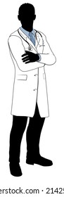 A male doctor with white coat and stethoscope in silhouette with arms crossed