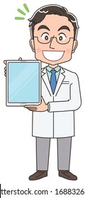 A male doctor in a white coat.He uses a tablet.