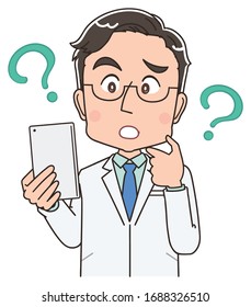 A male doctor in a white coat.He uses a smartphone.