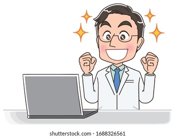 A male doctor in a white coat.He uses a personal computer.