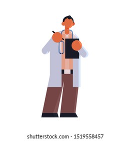 male doctor in white coat writing report in patient card clipboard medicine healthcare concept hospital medical clinic worker with stethoscope standing pose full length flat