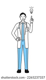 Male doctor in white coats with stethoscopes, senior, middle-aged veterans coming up with an idea.