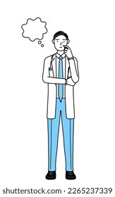 Male doctor in white coats with stethoscopes, senior, middle-aged veterans thinking while scratching her face.