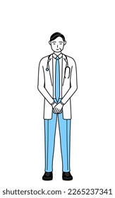 Male doctor in white coats with stethoscopes, senior, middle-aged veterans bowing with folded hands.