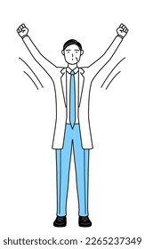 Male doctor in white coats with stethoscopes, senior, middle-aged veterans doing radio calisthenics, preparation for accident prevention