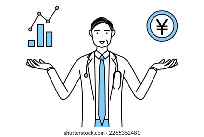 Male doctor in white coats with stethoscopes, senior, middle-aged veterans guiding an image of DX, performance and sales improvement.