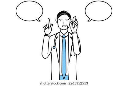 Male doctor in white coats with stethoscopes, senior, middle-aged veterans pointing while on the phone.
