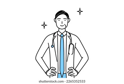 Male doctor in white coats with stethoscopes, senior, middle-aged veterans with her hands on her hips.
