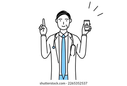 Male doctor in white coats with stethoscopes, senior, middle-aged veterans taking security measures for her phone.
