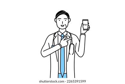 Male doctor in white coats with stethoscopes, senior, middle-aged veterans recommending cashless online payments on a smartphone.