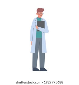 Male Doctor in White Gown with Medical Report, Health and Medical Treatment Concept Cartoon Vector Illustration