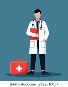 Um profissional de saúde em casaco branco segurando pasta médica vermelha com estetoscópio, ilustração vetor minimalista no fundo azul.