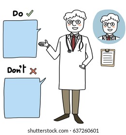 Male doctor in a white lab coat with one hand in pocket explaining and pointing the DO and the DON'T for well-being. Doctor icon and clipboard are included. Vector illustration with hand-drawn style.