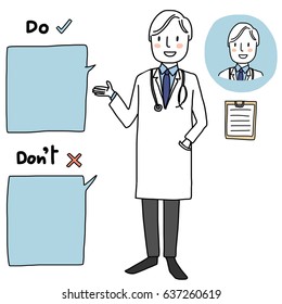 Male doctor in a white lab coat with one hand in pocket explaining and pointing the DO and the DON'T for well-being. Doctor icon and clipboard are included. Vector illustration with hand-drawn style.