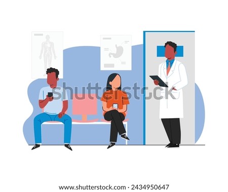 Male doctor in white lab coat with his male and female patients in hospital’s waiting room. Flat style design character vector illustration design