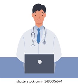 Male doctor in white medical coats working with his laptop computer. Vector illustration in a flat style