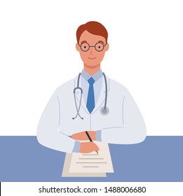 Male doctor in white medical coats writing a medical report. Vector illustration in a flat style