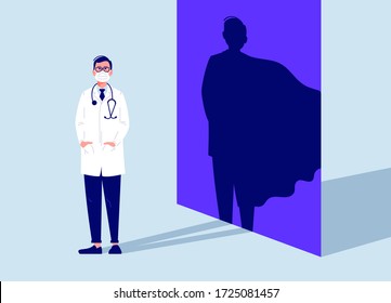 Male DOCTOR in white medical face mask fight against viruses. Hero hospital worker in cape for web design. Thank you frontline heroes for fighting the coronavirus. Vector illustration of doctors.