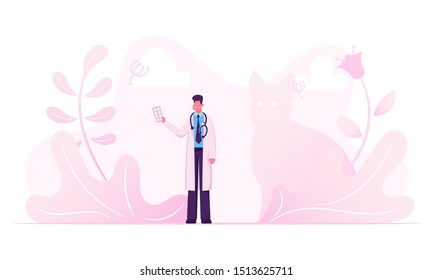 Male Doctor in White Medical Robe with Stethoscope on Neck Holding Pills Blister in Hand. Clinic Medicine Profession, Hospital Healthcare Staff at Work, Occupation. Cartoon Flat Vector Illustration