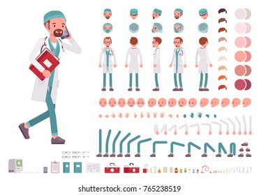 Male doctor in white uniform character creation set. Full length, different views, emotions, gestures. Medicine, healthcare concept. Build your own design. Vector illustration