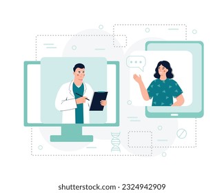 Male doctor and woman talking online on video call about treatment. Online doctor occupation. Giving consultations to patients online. Vector flat illustration in blue colors