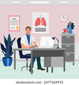 male doctor working checking at hospital room in flat illustration