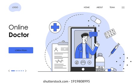 Male doctor is working online via smartphone application. Smartphone screen with open medical app. Website, web page, landing page template. Flat cartoon vector illustration