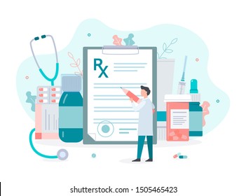 Male doctor writes medical prescription. Concept with pills, drugs and clipboard. Flat vector illustration. 