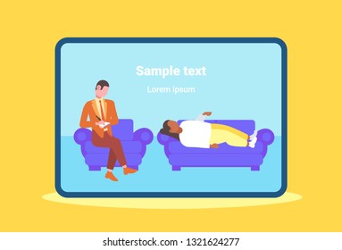 male doctor writing medical prescription for woman patient lying on couch at home healthcare medicine concept flat full length horizontal copy space
