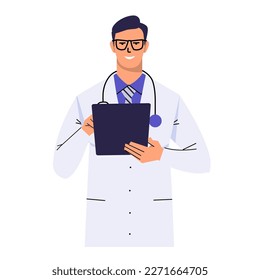 Male doctor is writing on a clipboard. Man in a white coat with a stethoscope. Isolated on white background. Medical worker holds a tablet during an examination. Flat vector.