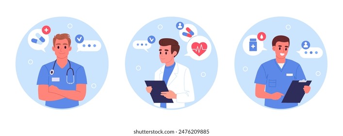 Male doctors avatars. Online clinic doctors characters, medical clinic professional workers presentation flat vector illustration set. Healthcare and medicine concept