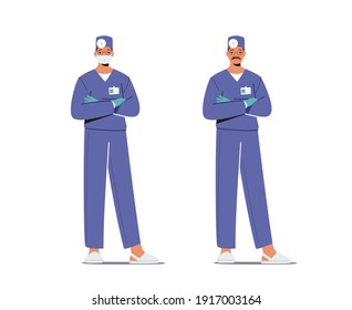 Male Doctors in Blue Medical Robe with Head Mirror Wearing Mask, Standing with Crossed Arms. Clinical Medicine Profession, Surgeon Hospital Healthcare Staff Work, Occupation. Cartoon Vector Illustration