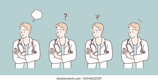 Male doctor's facial expression set. Hand drawn style vector design illustrations.