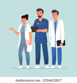 Male doctors holding tablets, female talking to patient. Online medical advice, consultation service and telemedicine. Digital prescriptions and teletherapy. Flat vector illustration in cartoon style