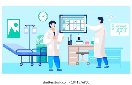 Male doctors with medical report. University students are practicing in hospital ward. Guys communicate and study in the medical office. Schedule with notes on the background. Medicine and healthcare