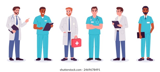 Médicos y enfermeras varones. Terapeuta, paramédico y enfermero masculino, trabajadores de la clínica médica conjunto de Ilustración vectorial plana. Personal profesional del hospital