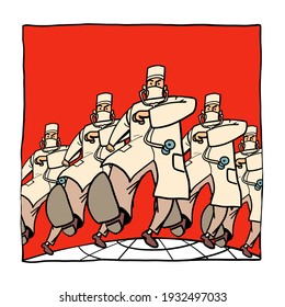male doctors rally, march in a medical mask resolutely. Cartoon comic book pop art illustration drawing