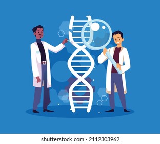 Male doctors or scientists working on DNA engineering, flat vector illustration isolated on blue background. Concept of biomedicine and bioengineering, modern technologies.