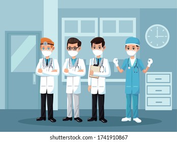 male doctors wearing medical masks vector illustration design