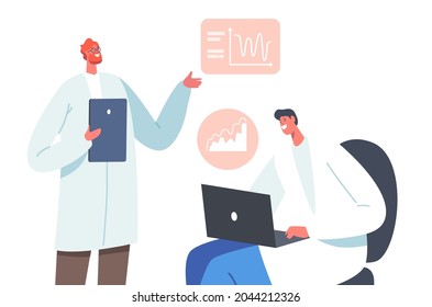 Male Doctors in White Medical Robe Working with Laptop and Tablet Learning Neurology Electroencephalography Charts of Human Brain with Disease Symptoms. Sickness Concept. Cartoon Vector Illustration