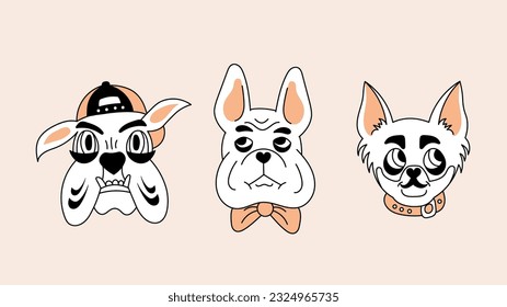 Male dog characters set. Hand drawn cartoon pet portraits collection. Doggy vector illustration with bulldog, Chihuahua in collar cap hat bow tie