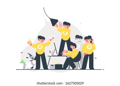 Male doing many things simultaneously vector illustration. Man in yellow hoodie working on computer playing with dog talking on phone and change light bulb cartoon design. To be in time concept