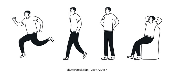 Male doodle character, change from rest to movement. Man sitting, standing, walking and running. Activity and relaxation. Vector linear illustration