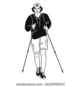 A male doodle character walking with hiking poles. Travel, hiking, trekking. The concept of a healthy lifestyle. Vector hand-drawn black and white illustration