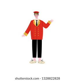 Male Doorman Meeting Guests, Male Doorman Hotel Staff Character in Red Uniform Vector Illustration