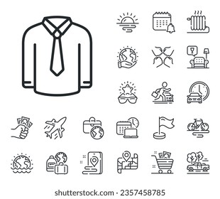 Male dress shirt sign. Plane jet, travel map and baggage claim outline icons. Shirt line icon. Business wear symbol. Shirt line sign. Car rental, taxi transport icon. Place location. Vector