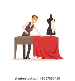 Male dressmaker making out clothes on the table, clothing designer or tailor working at atelier vector Illustration